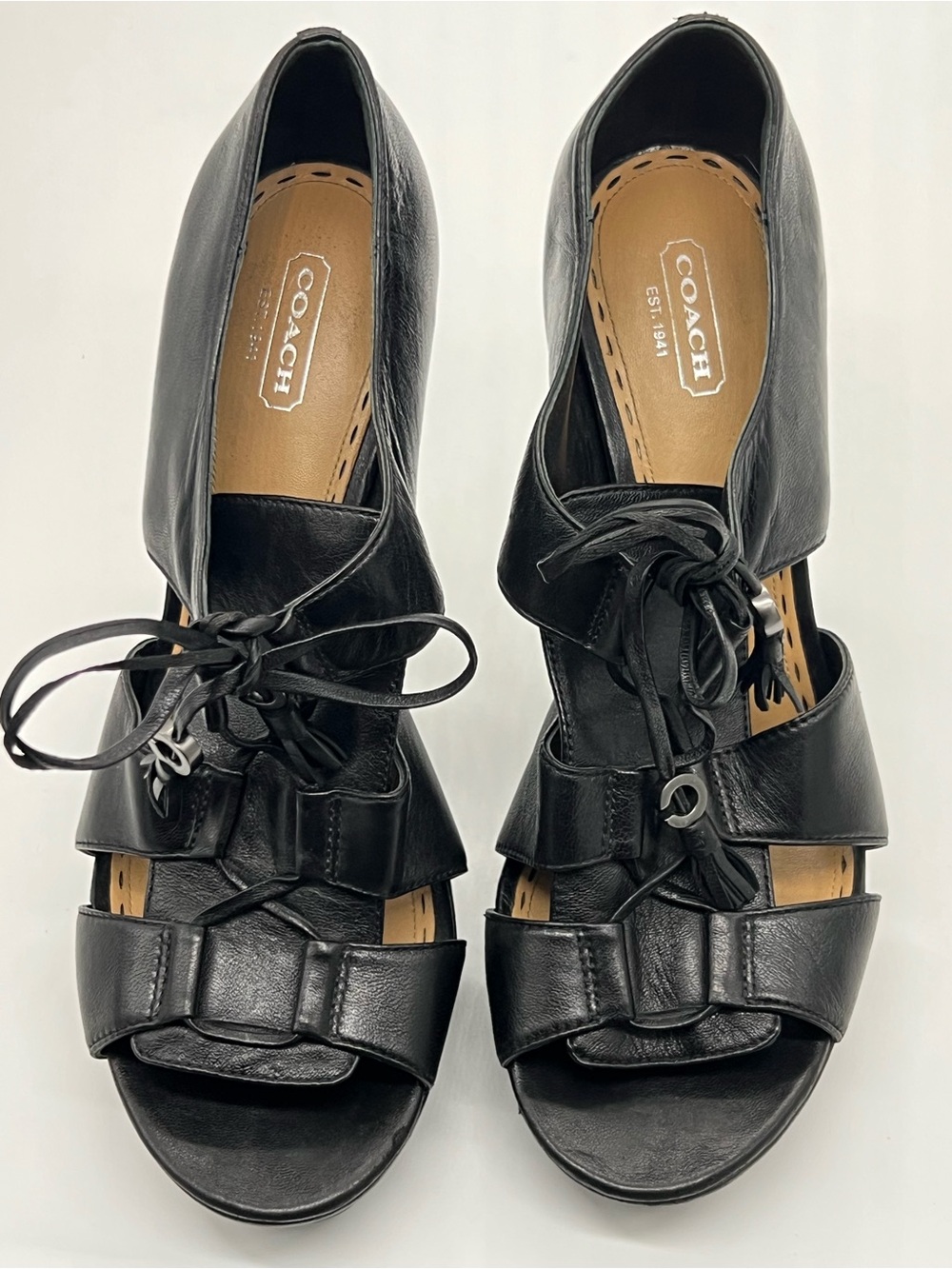 Coach Black Teagan Leather Lace-Up Peep-Toe Heels